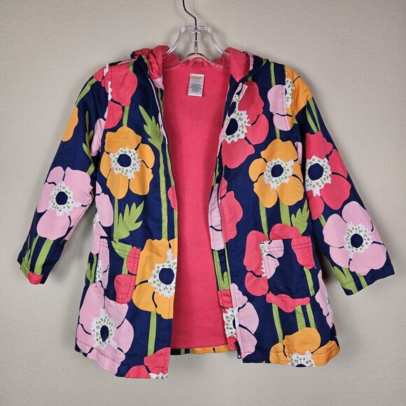 Gymboree Girls Floral Rain Jacket Hood Windbreaker Poppy Blue Pink Flowers S 5-6 - Picture 2 of 11